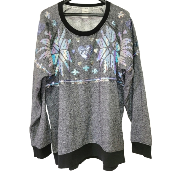 Victoria's Secret 2013 Pinkish Gray & Black Oversize Sequin Snowflake Sweater Lg - Picture 1 of 14
